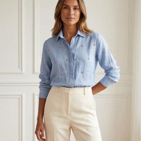 Weekend Max Mara Light Blue Embroidered Linen Button-Down Shirt - Picture 7 of 8